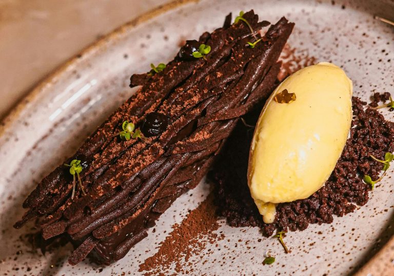Indulgent chocolate dessert paired with creamy vanilla ice cream on a textured plate.